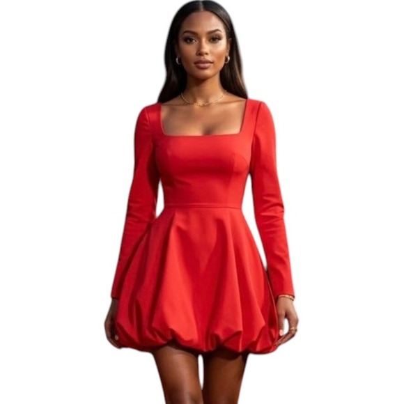 PrettyLittleThing Dresses & Skirts - PrettyLittleThing Cherry Red Stretch Woven Long Sleeve Puffball Shift Dress Sz 6